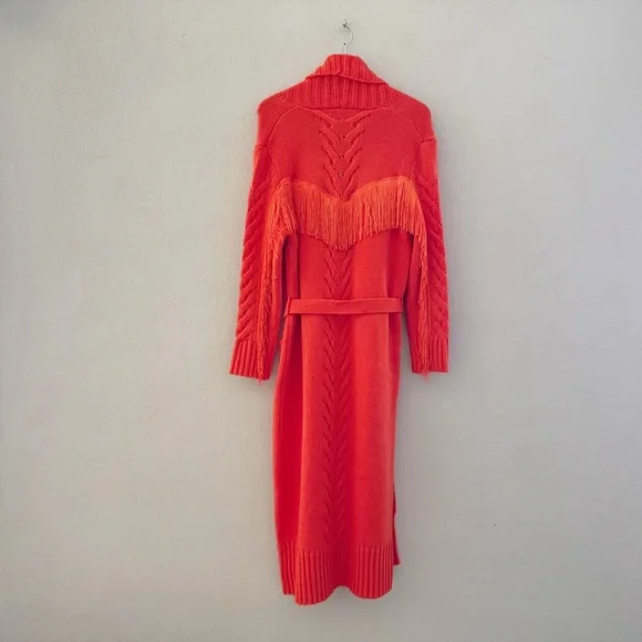 Understarted Leather Rodeo Duster Cardigan Sweater Med Orange Fringe Western - Picture 7 of 16